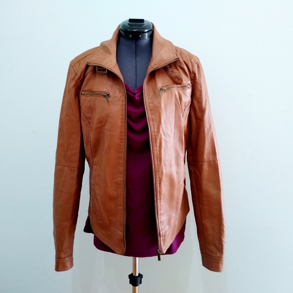 Tan Wet Seal Crinkle Vegan Leather Jacket Size L